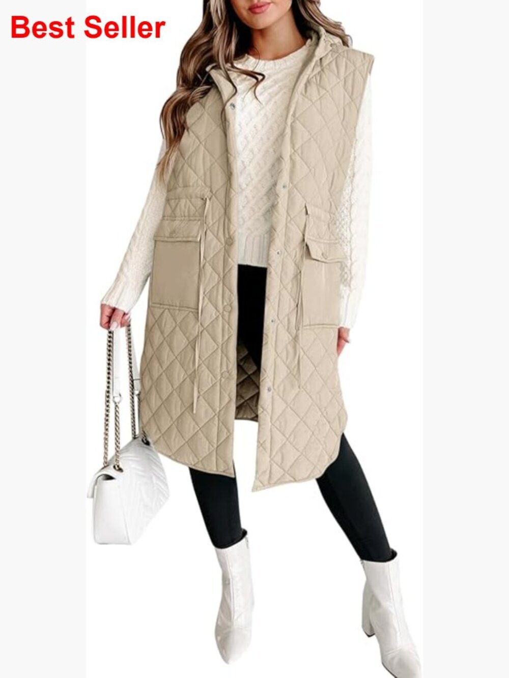 Long Puffer Vest Sleeveless Hood Quilted Winter Outerwear 100% Polyester